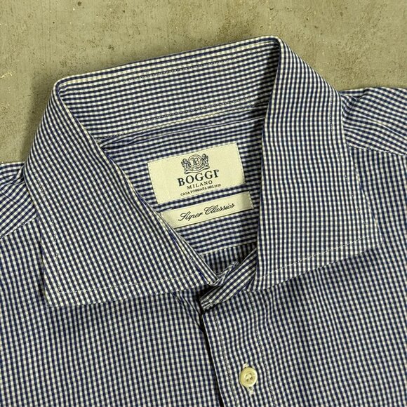 BOGGI Milano Super Classics Blue Check Dress Shirt 41 16 Large - Picture 4 of 6